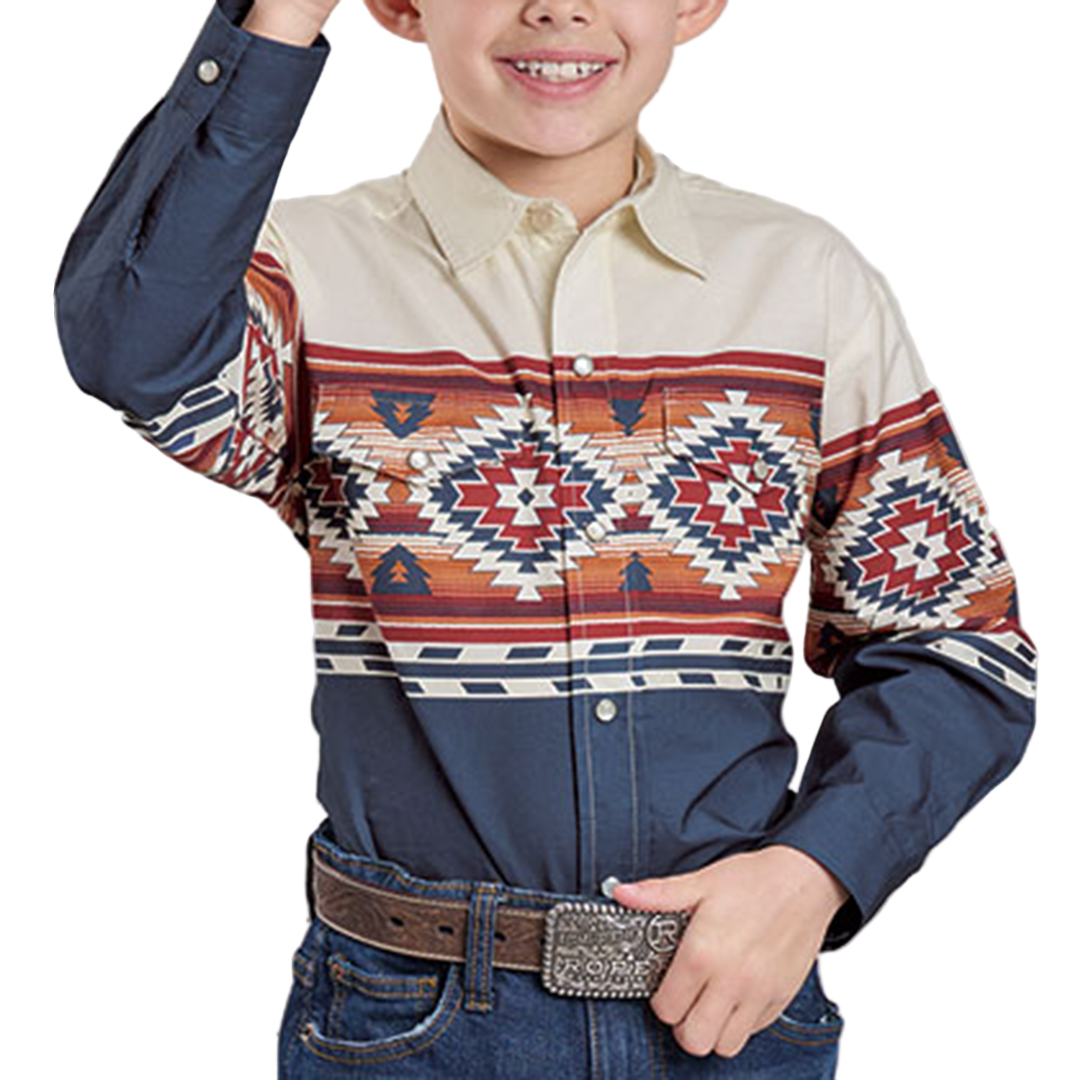 Roper Boys' Vintage Collection Scenic Border Long Sleeve Snap Shirt
