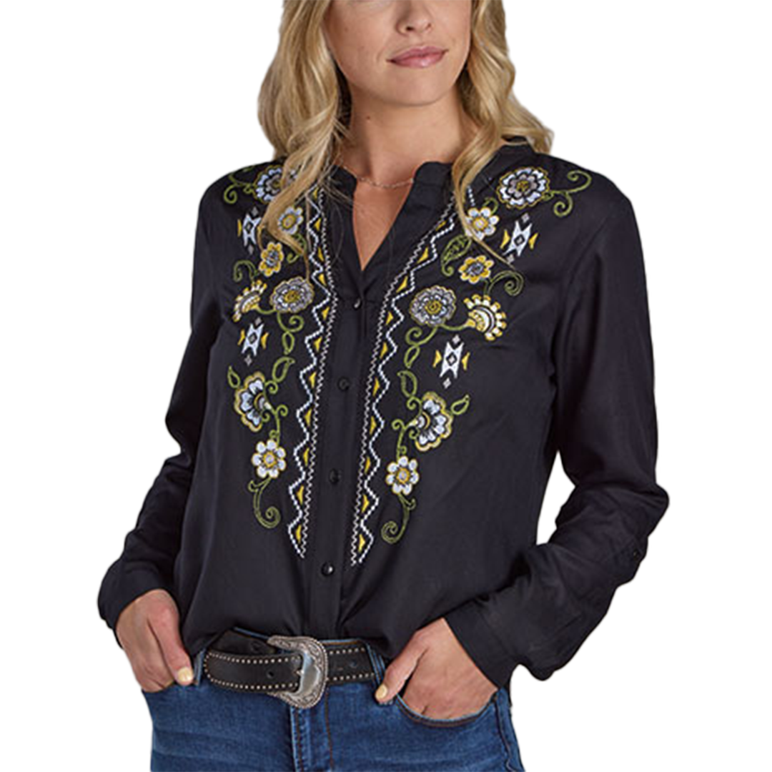 Roper Women's Flower Embroidery Long Sleeve Blouse