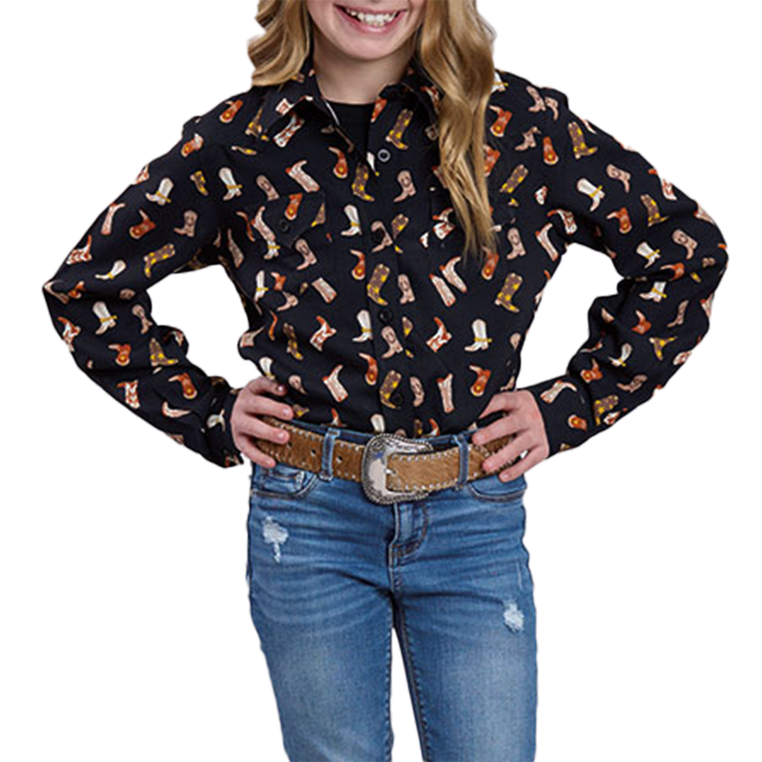 Roper Girls' Cowgirl Boot Printed Long Sleeve Button Shirt