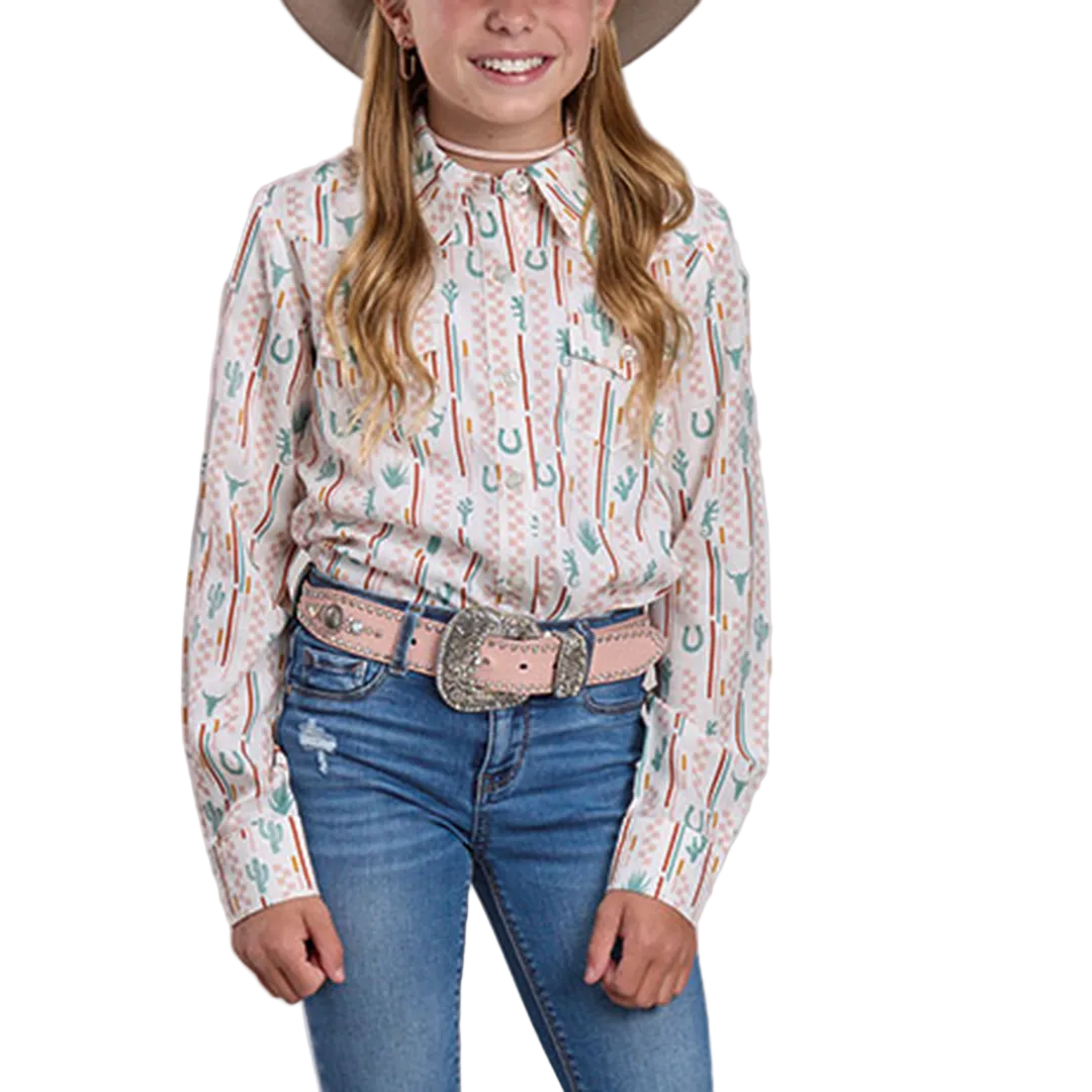 Roper Girls' Cowgirl Checkers Stripe Printed Long Sleeve Button Shirt