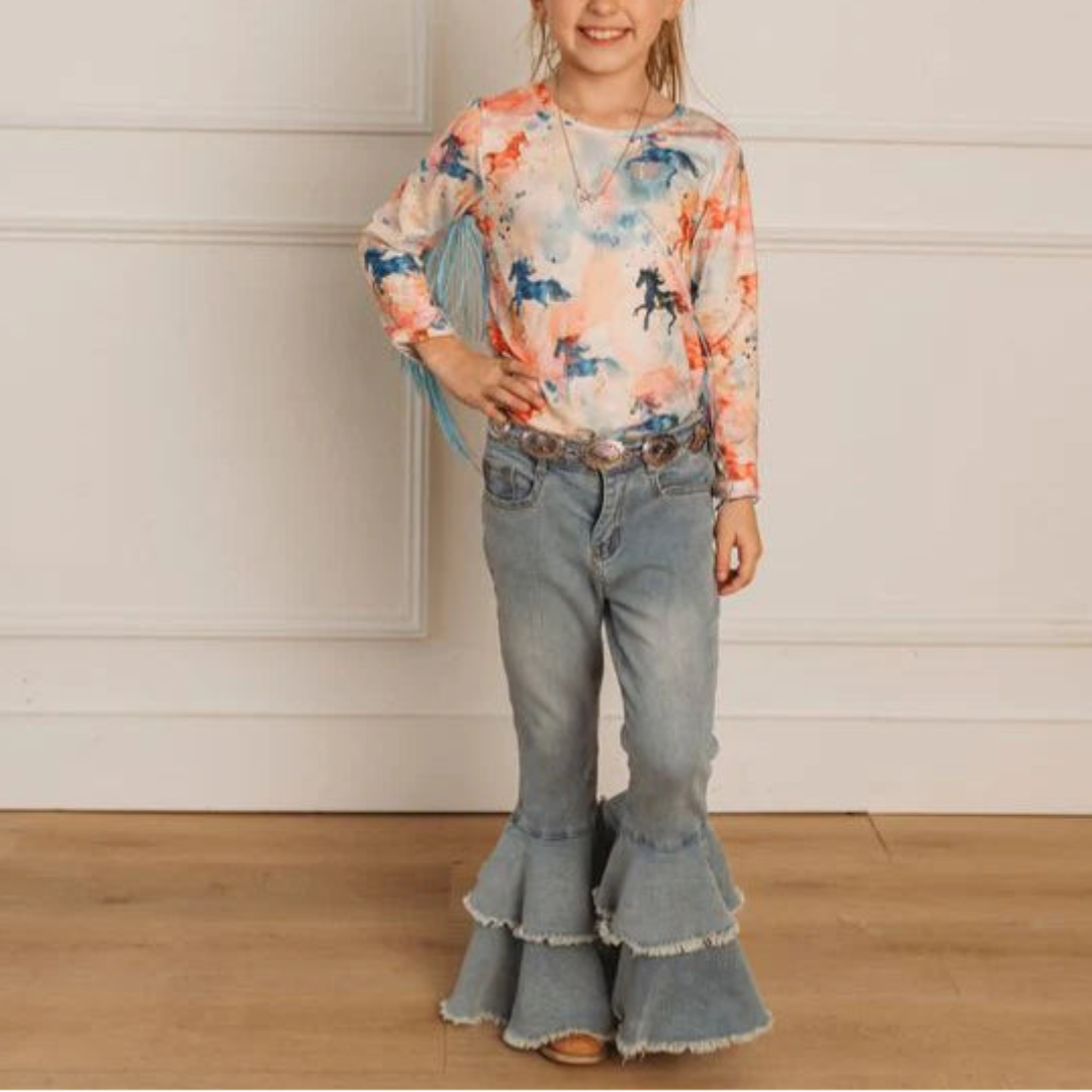 Shea Baby Toddler Girls' Watercolor Horse Fringe Long Sleeve Shirt