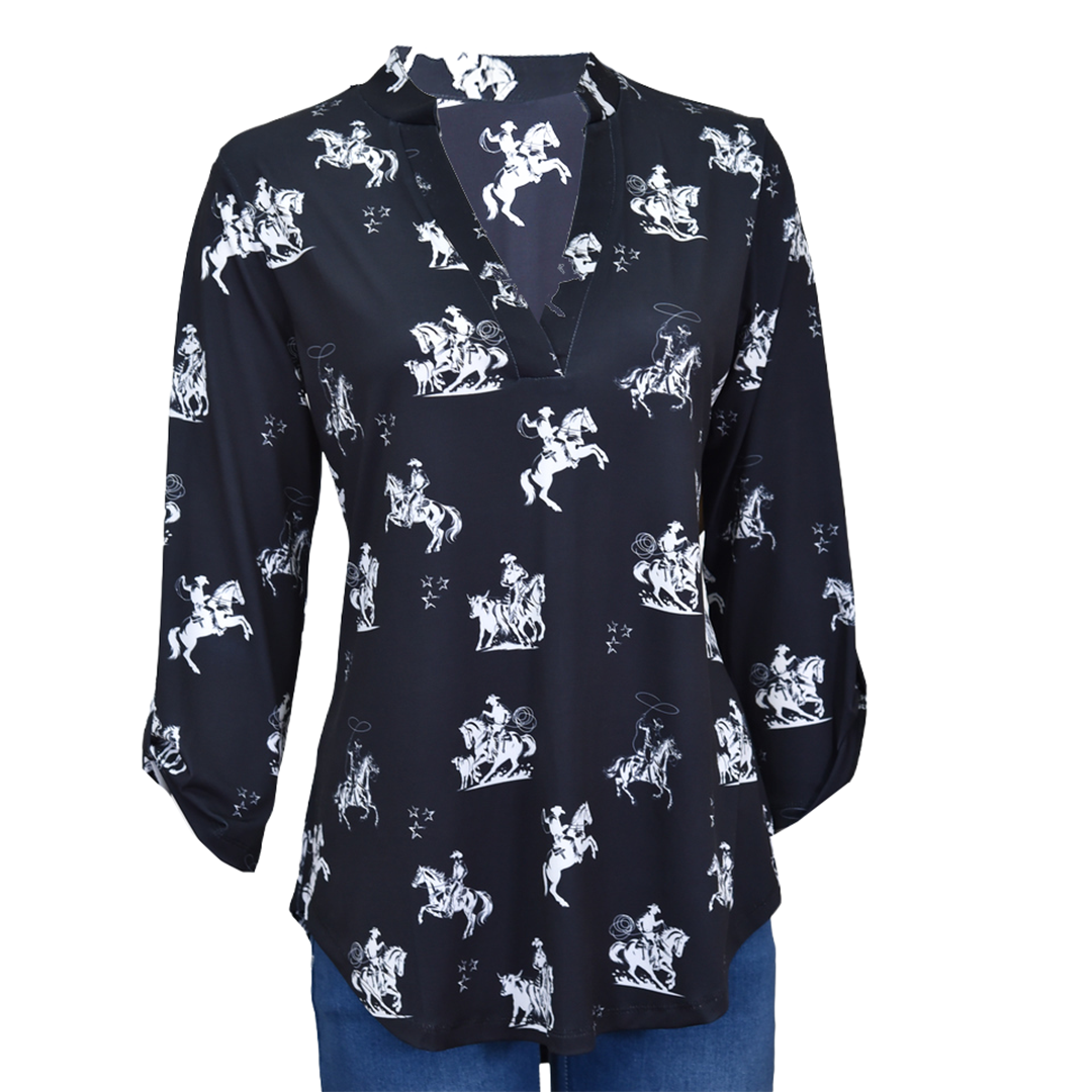 Cowgirl Hardware Women's 3/4 Sleeve Bronco Print Blouse