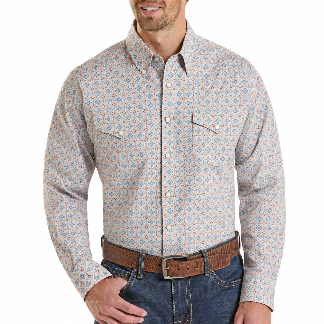 Rock & Roll Denim Men's Medallion Print Long Sleeve Snap Shirt