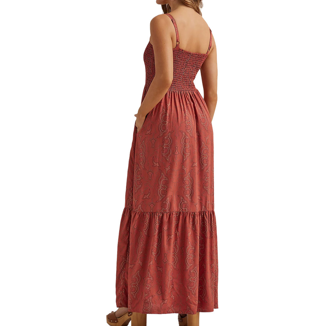 Wrangler Women's Paprika Boot Stitch Print Smocked Maxi Dress