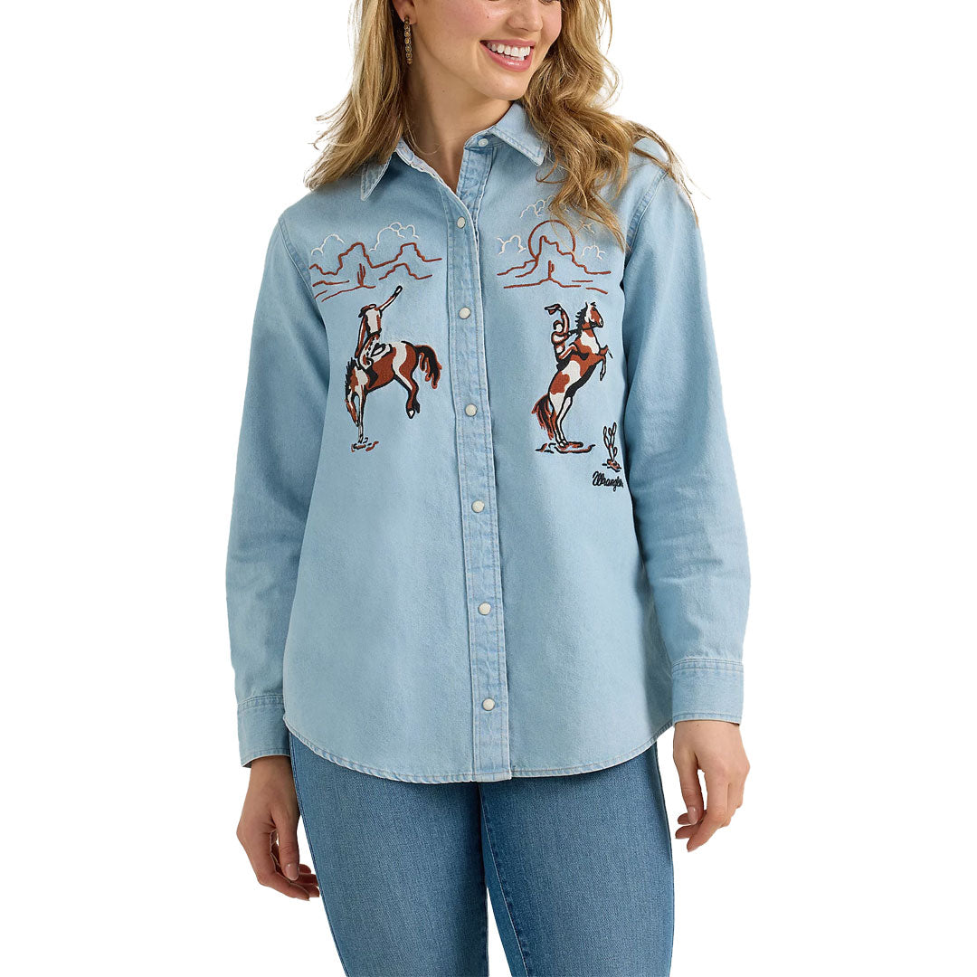 Wrangler Women's Embroidered Boyfriend Western Snap Shirt