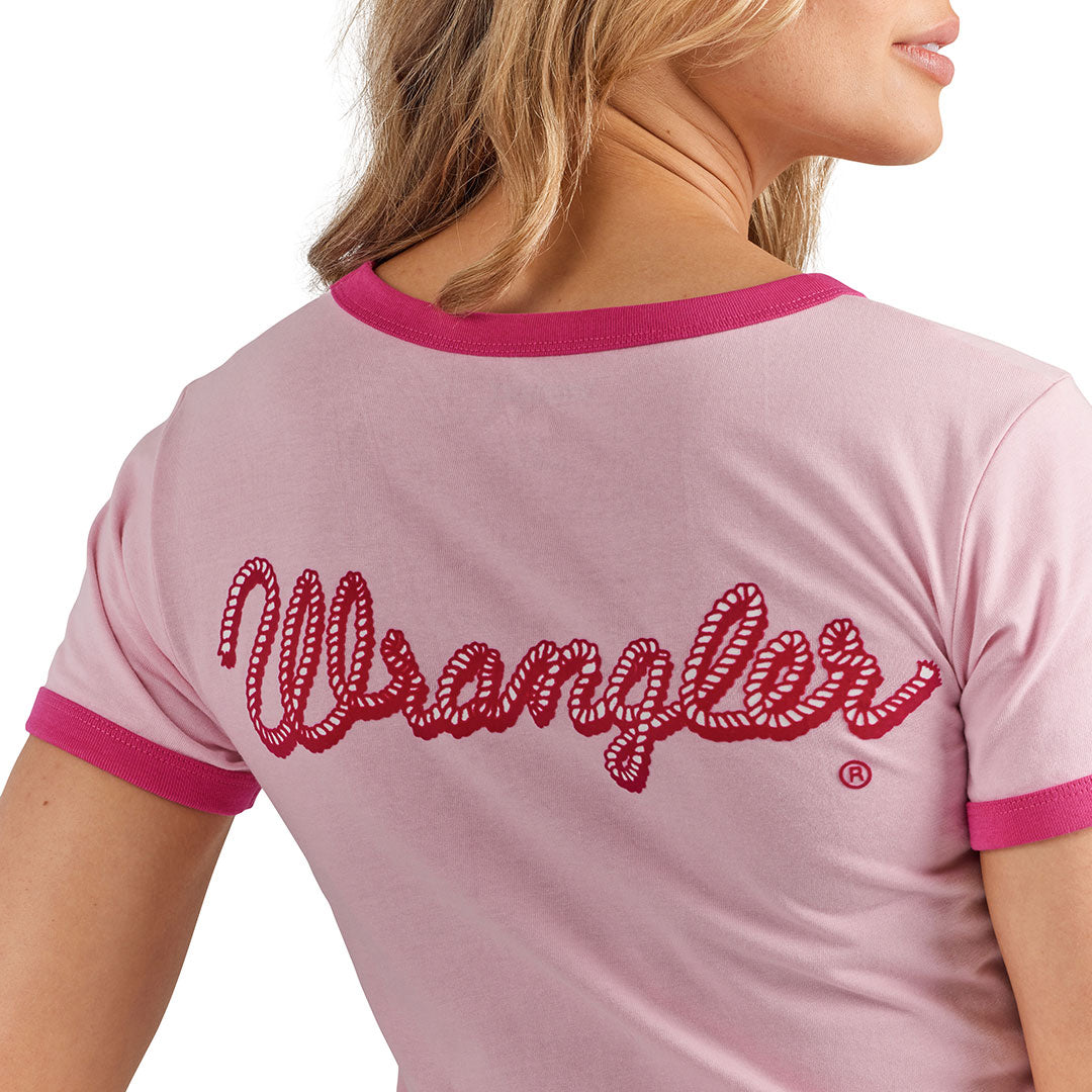 Wrangler X Barbie Womens Rope Logo Slim Ringer Tee