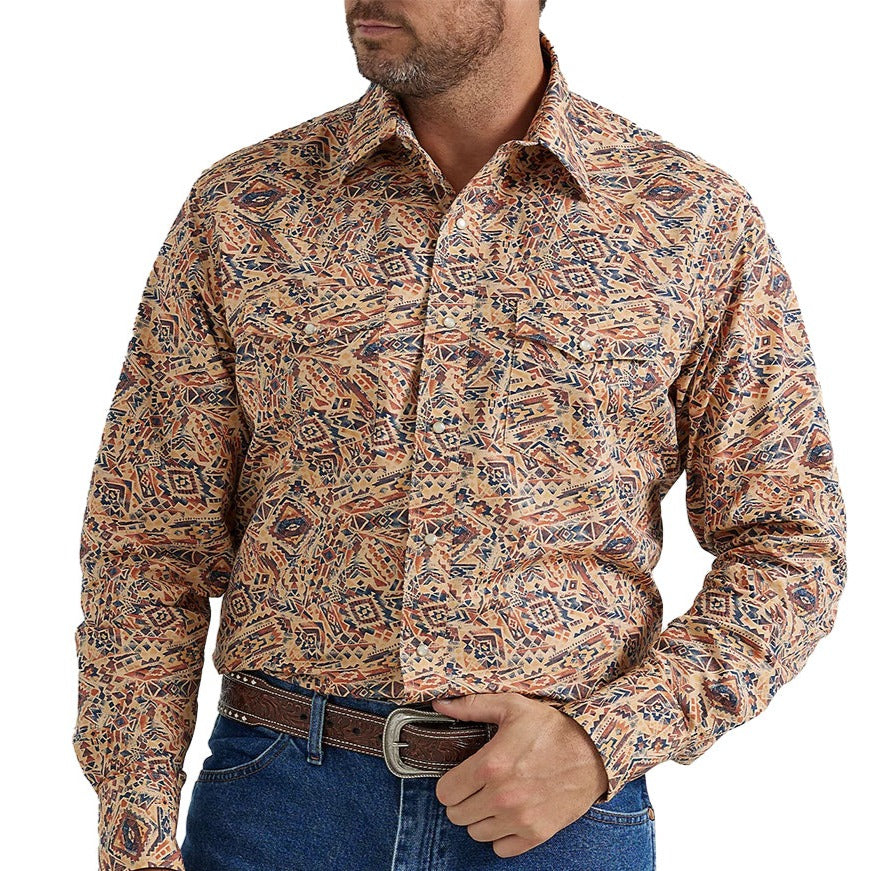 Wrangler Men's Checotah Western Snap Printed Shirt in Fiesta Orange