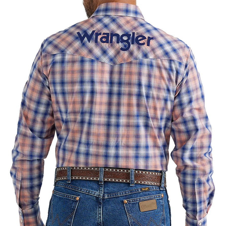 Wrangler Men's Logo Western Snap Shirt In Orange Blue Plaid