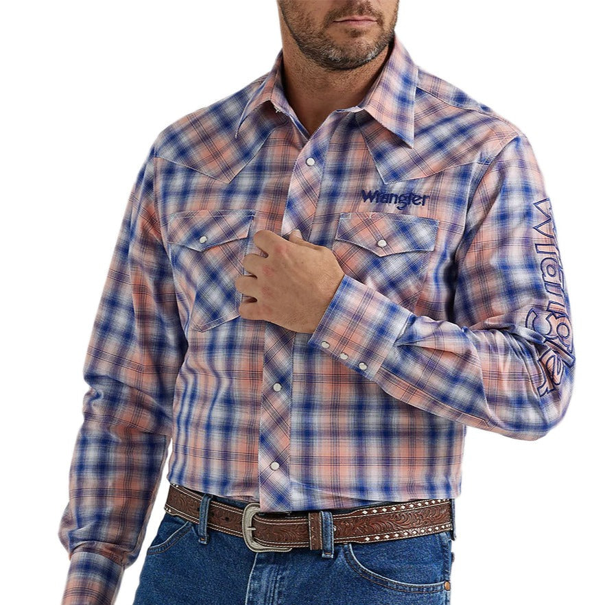 Wrangler Men's Logo Western Snap Shirt In Orange Blue Plaid