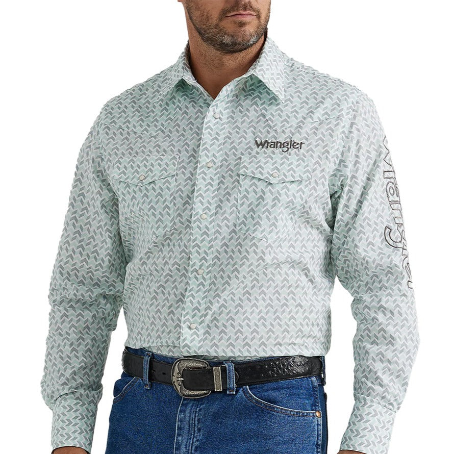 Wrangler Men's Logo Western Snap Shirt In Aqua Print