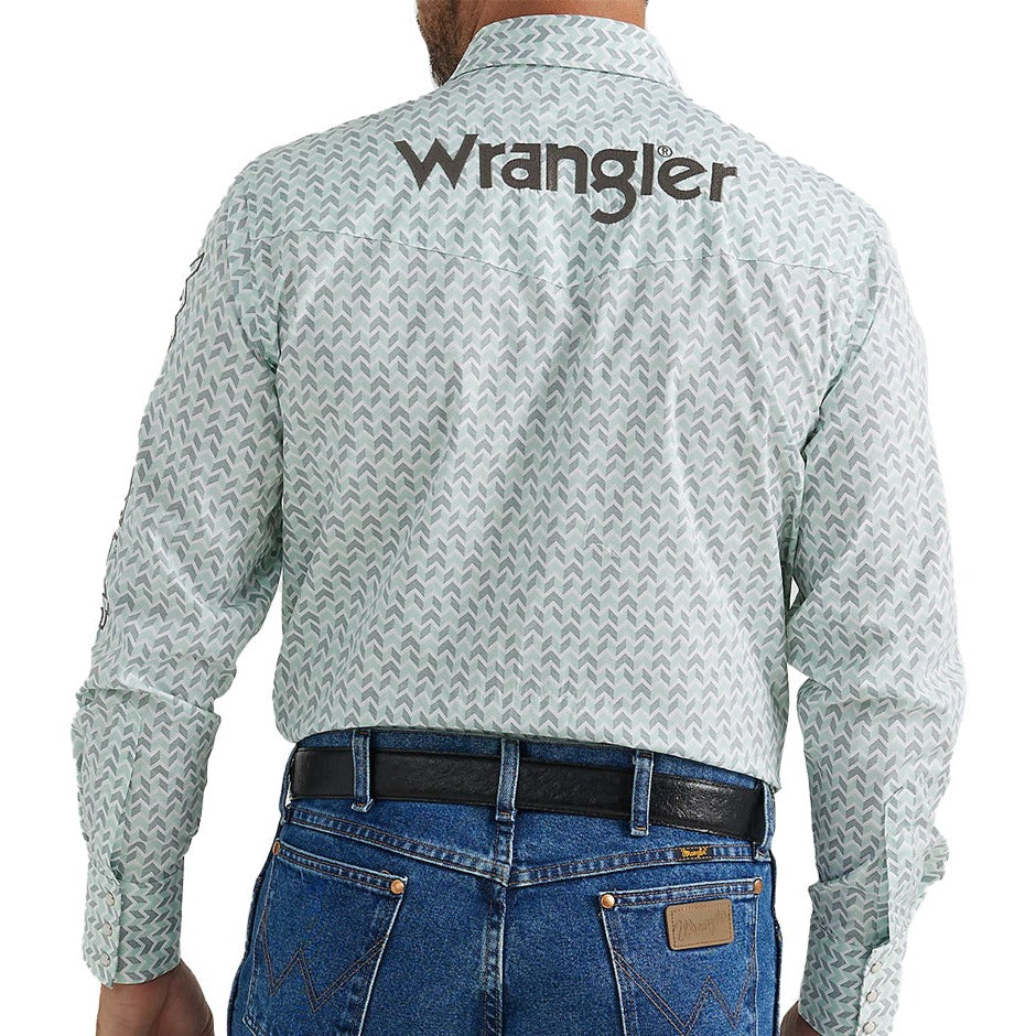 Wrangler Men's Logo Western Snap Shirt In Aqua Print