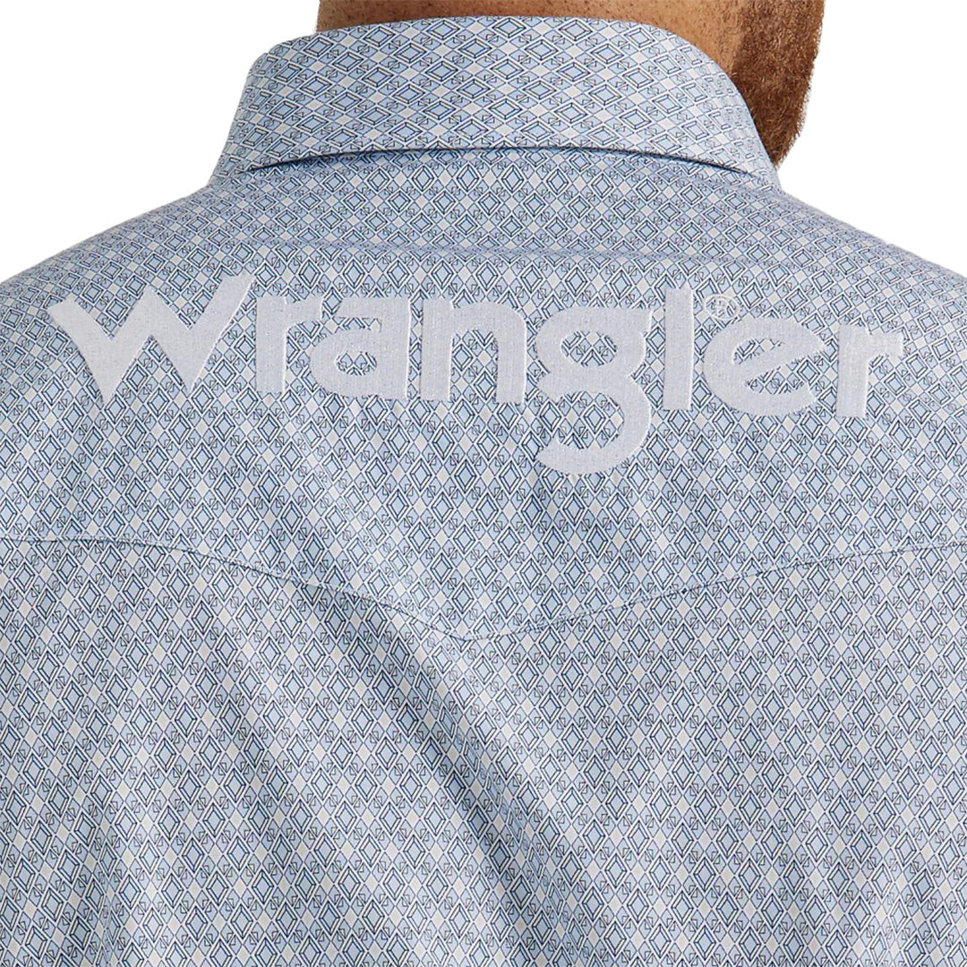 Wrangler Men's Blue Diamond Print Button-Down Logo Shirt