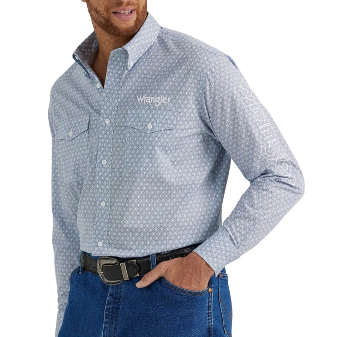 Wrangler Men's Blue Diamond Print Button-Down Logo Shirt