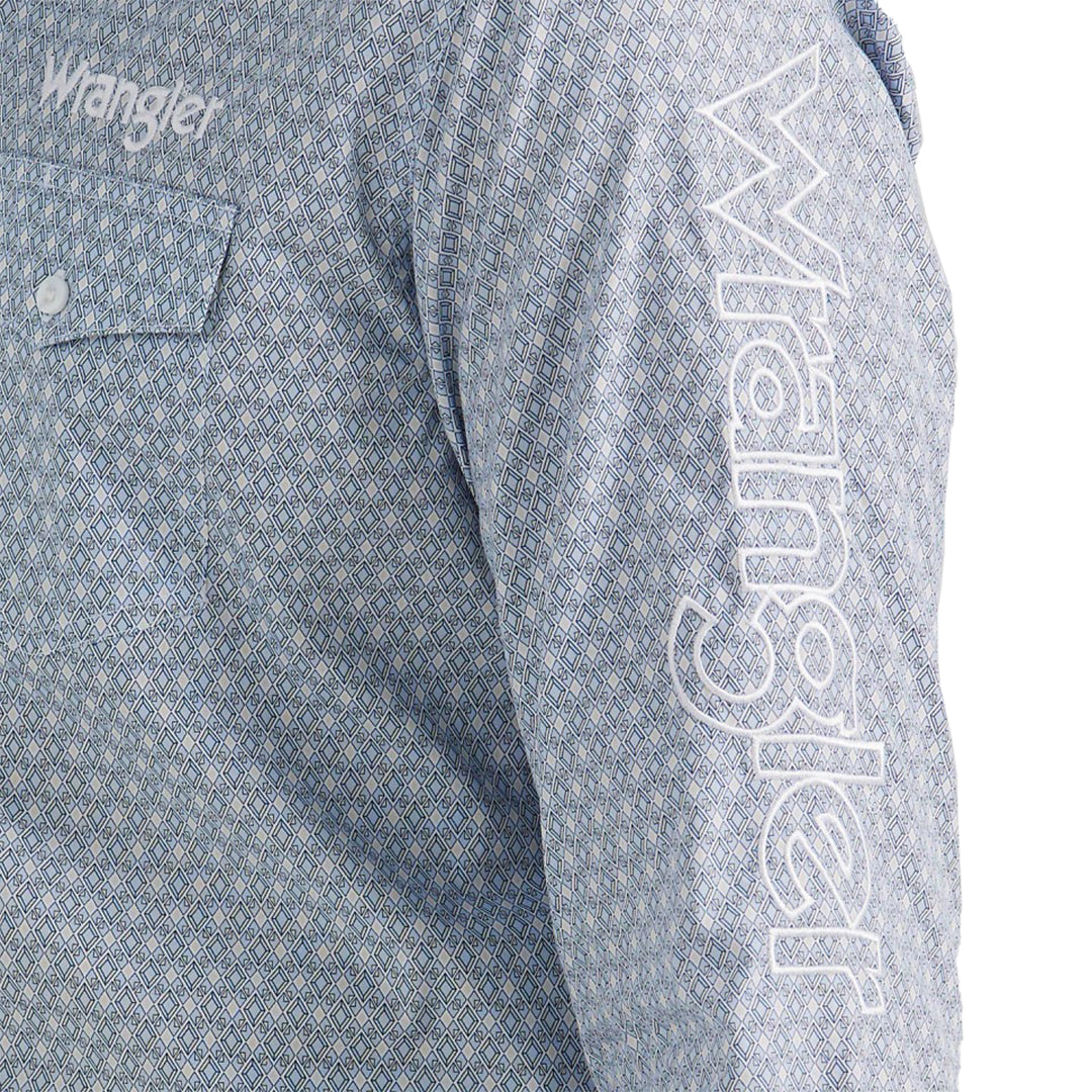 Wrangler Men's Blue Diamond Print Button-Down Logo Shirt