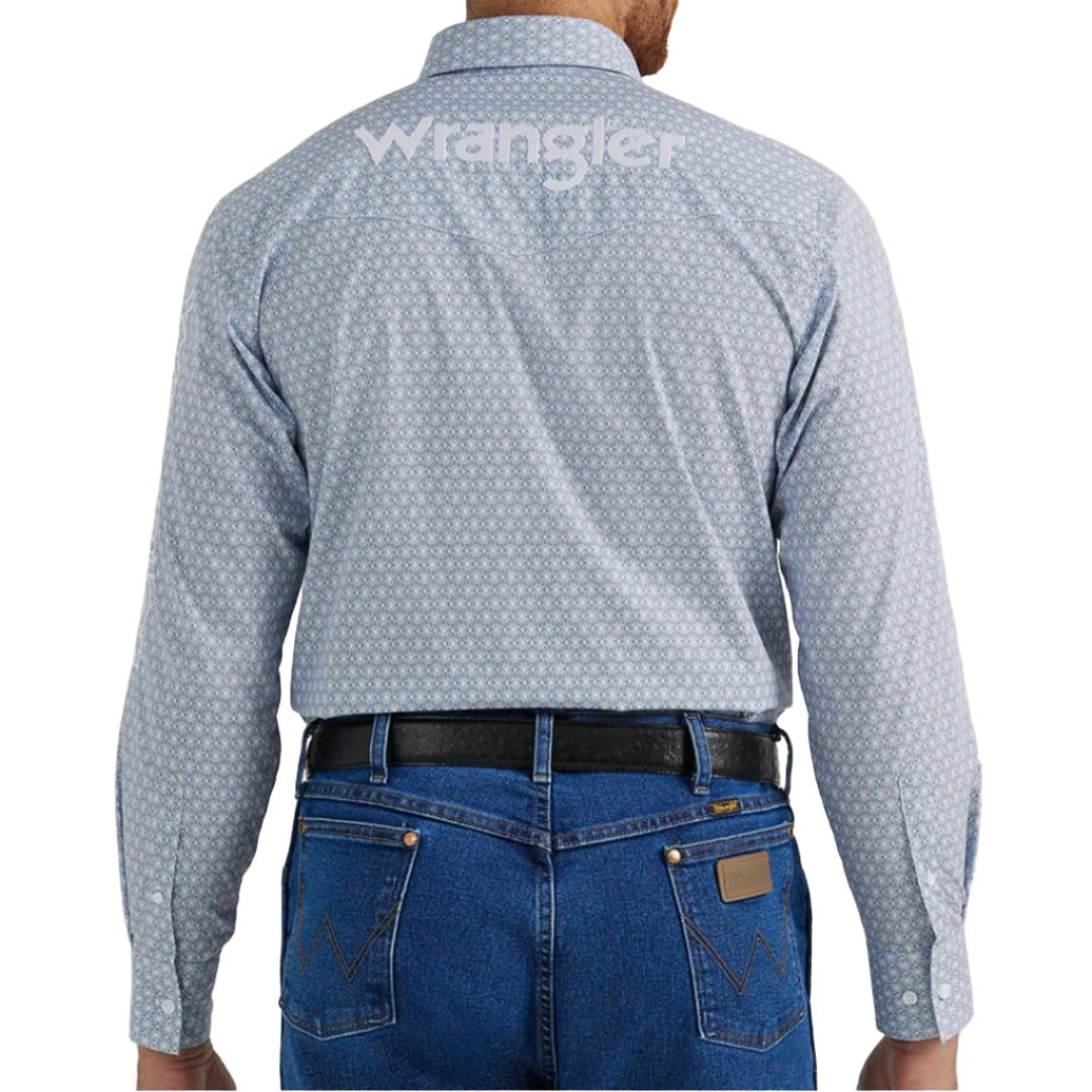Wrangler Men's Blue Diamond Print Button-Down Logo Shirt