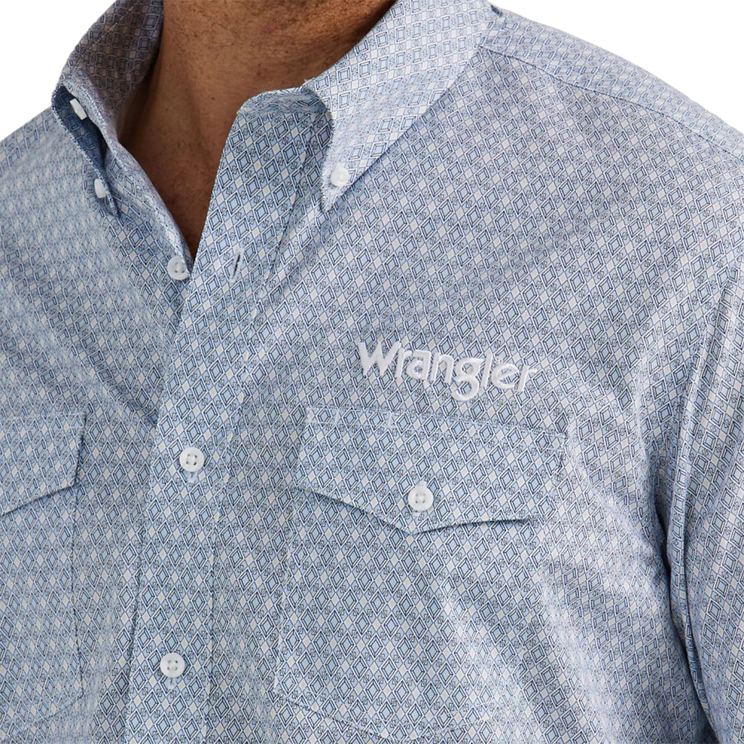 Wrangler Men's Blue Diamond Print Button-Down Logo Shirt