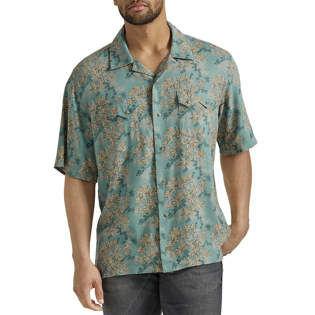 Chemise à manches courtes Wrangler pour homme, boutonnée, coupe camp, motif floral bleu sarcelle, coloris noix de coco