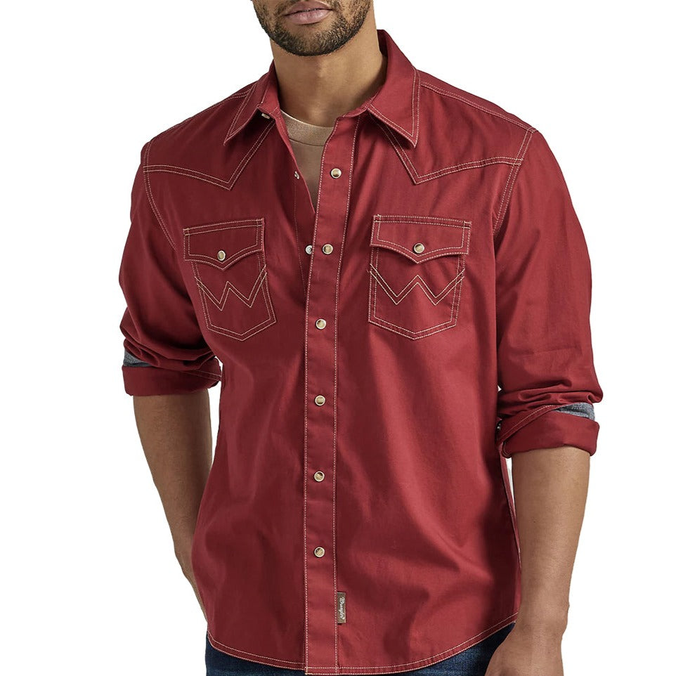 Wrangler Men's Retro Premium Western Snap Solid Shirt In Brick Red