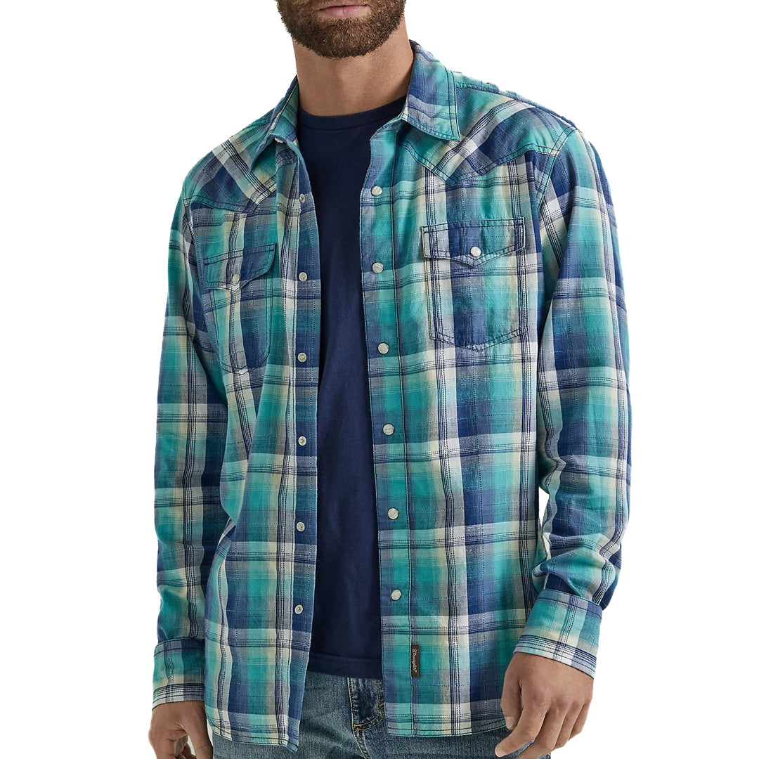 Wrangler Men's Retro Premium Plaid Snap Shirt In Blue