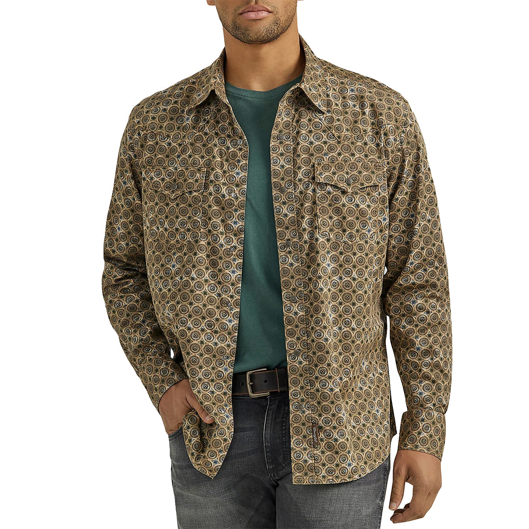 Chemise à manches longues à boutons-pression Wrangler Retro Premium pour homme, motif cercles marron
