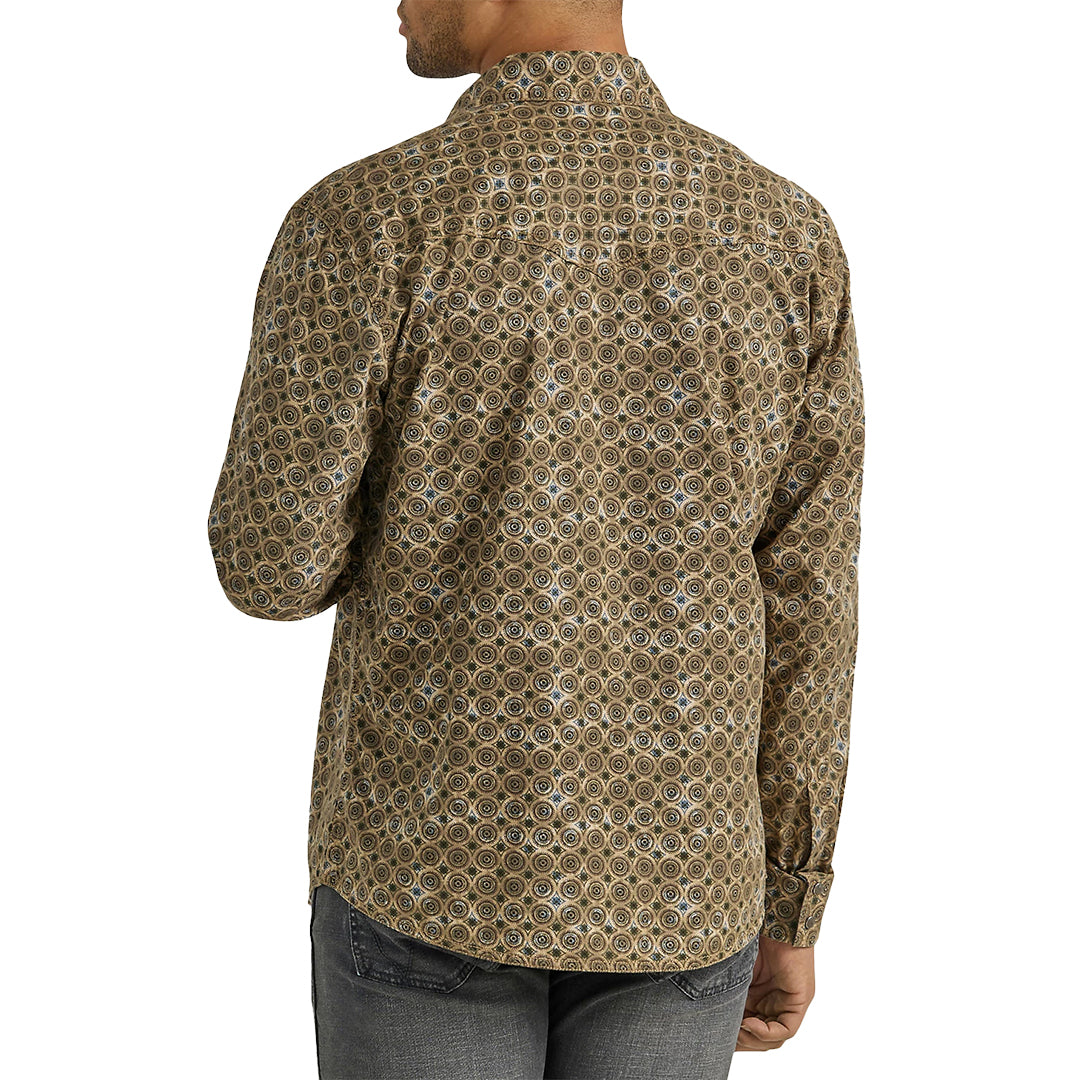 Chemise à manches longues à boutons-pression Wrangler Retro Premium pour homme, motif cercles marron