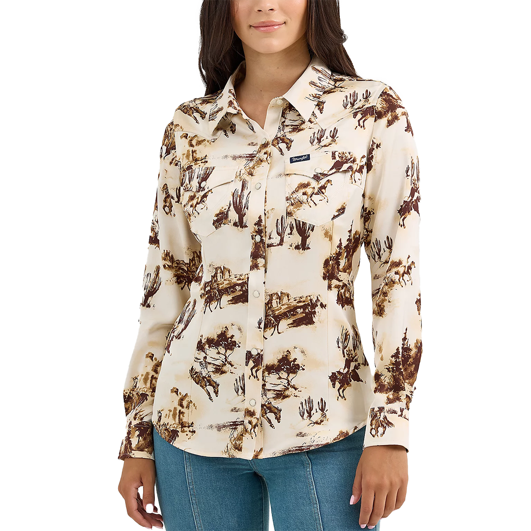 Wrangler Women's Bold Bucking Cowboy Western Long Sleeve Snap Shirt