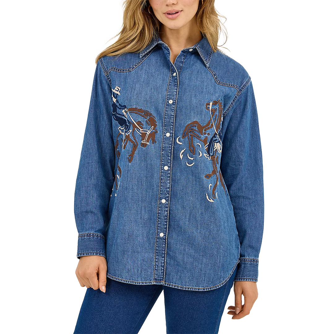Wrangler Women's Embroidered Horses Boyfriend Western Shirt