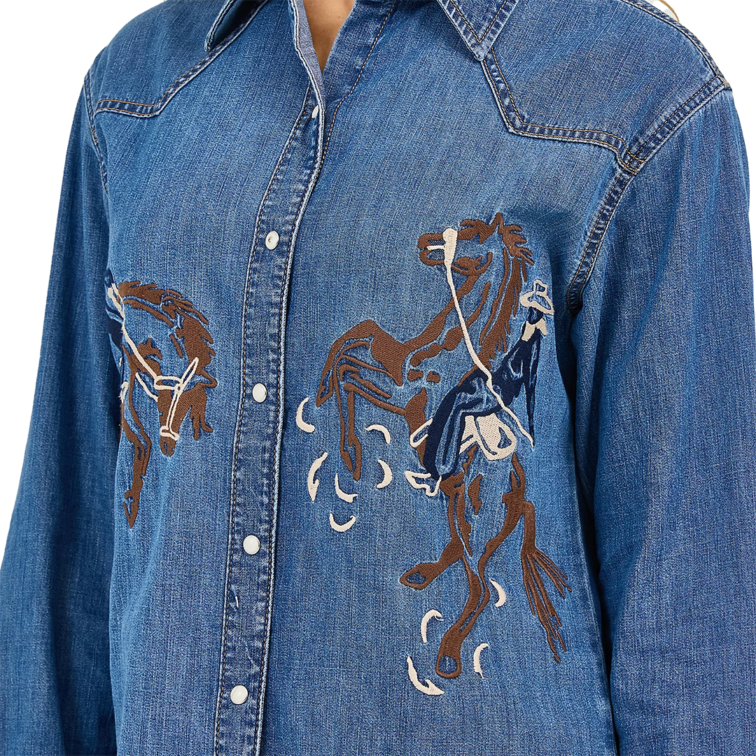 Wrangler Women's Embroidered Horses Boyfriend Western Shirt
