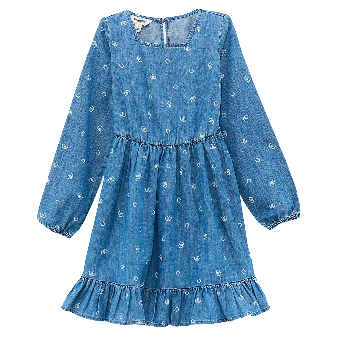 Wrangler Girls' Long Sleeve Ruffle Hem Denim Dress