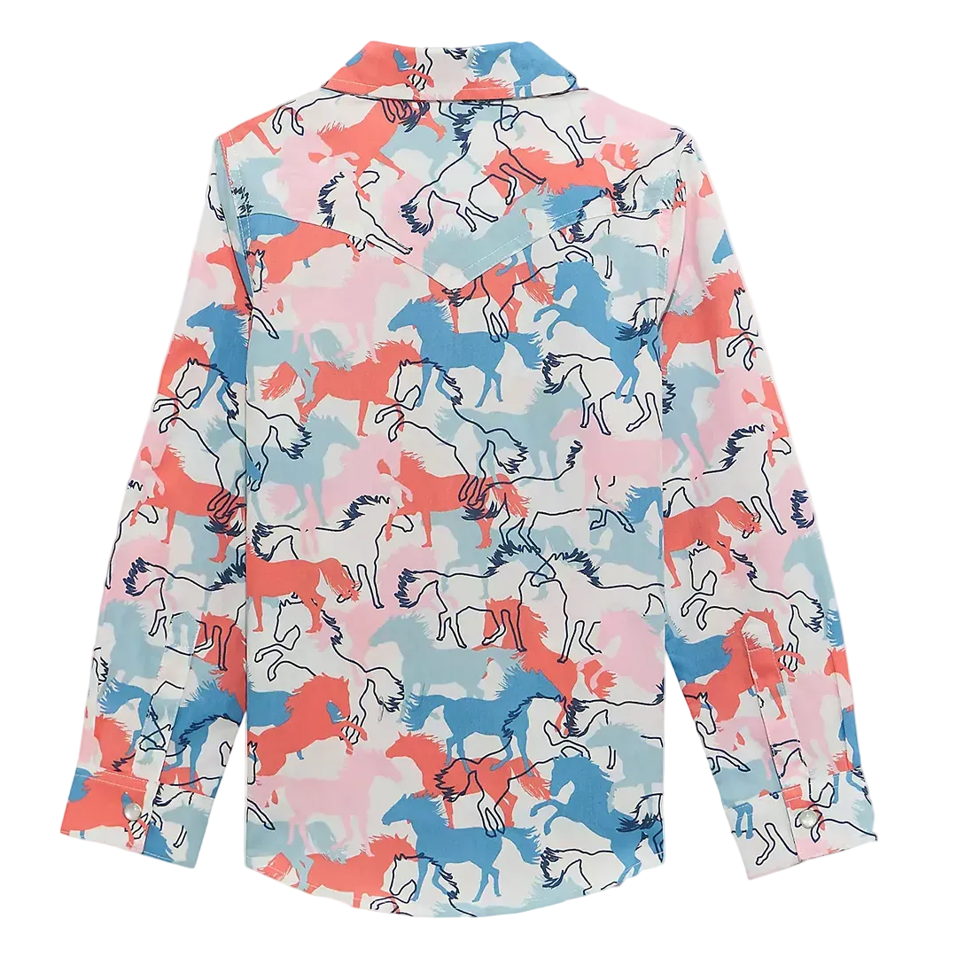 Wrangler Girls' Cowboy Horse Print Western Long Sleeve Snap Shirt