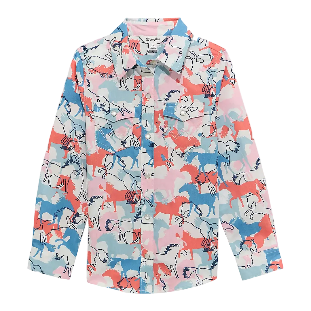 Wrangler Girls' Cowboy Horse Print Western Long Sleeve Snap Shirt