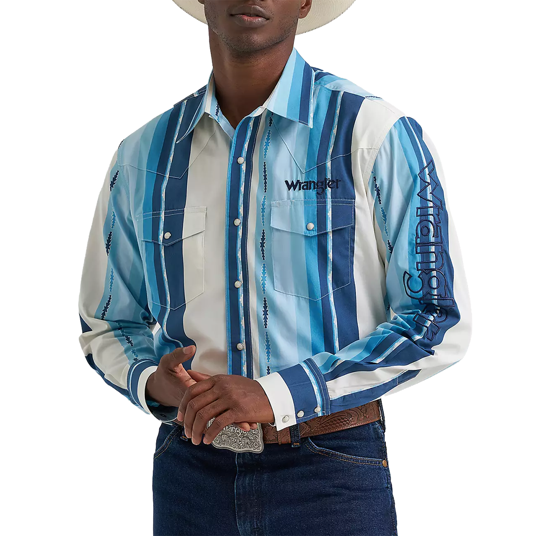 Wrangler Men's Logo Striped Long Sleeve Snap Shirt