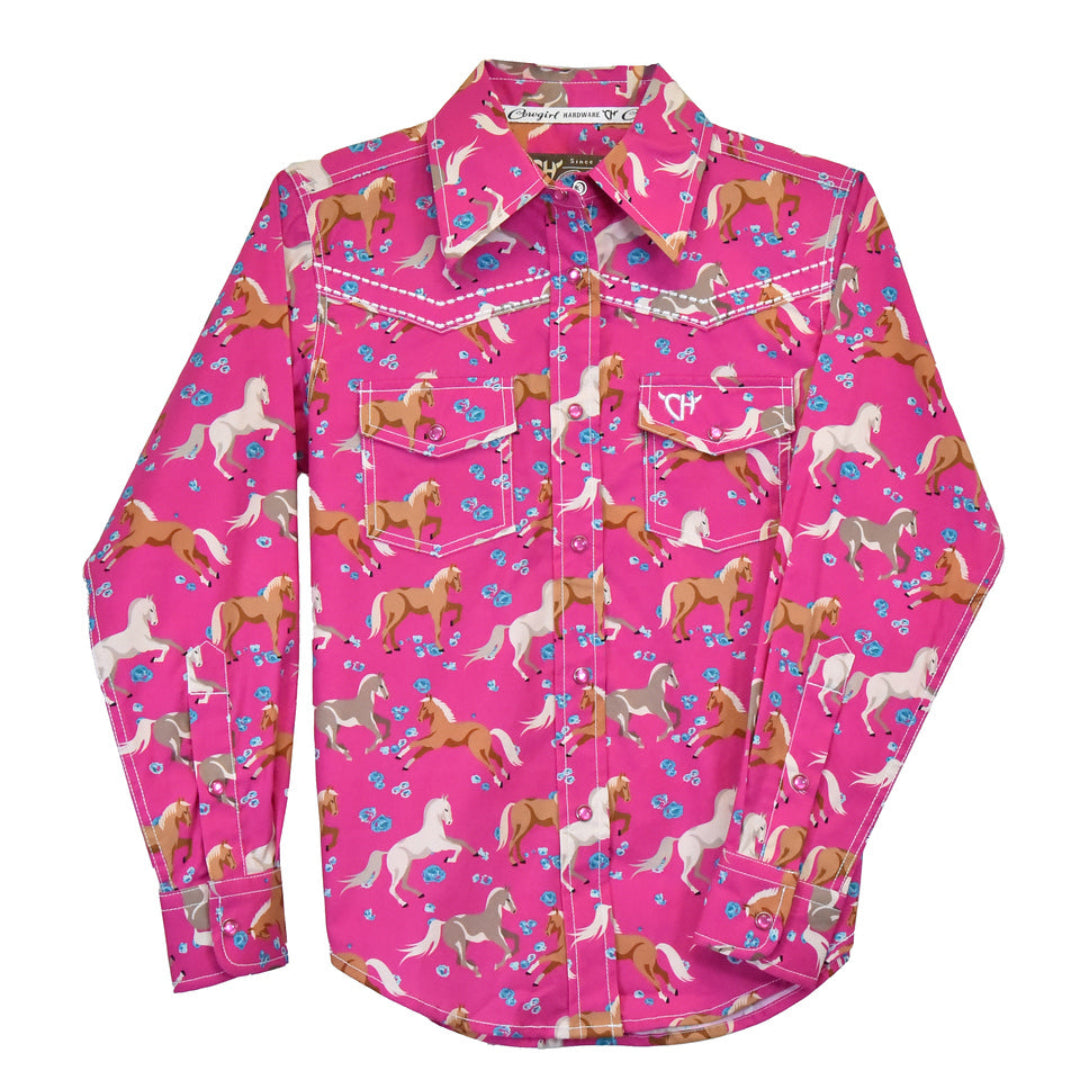 Cowgirl Hardware Girls' Horse Print Snap Shirt
