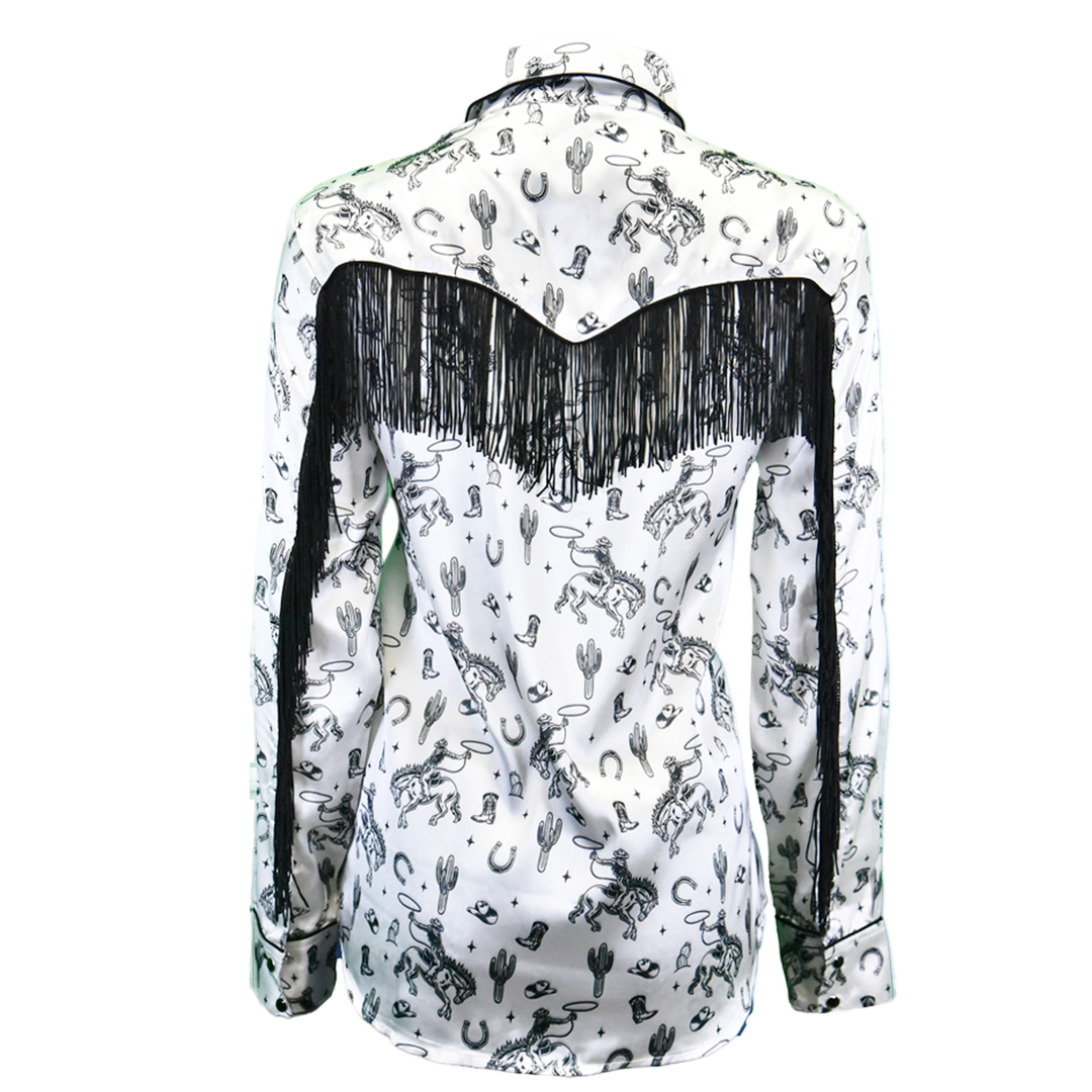 Chemise boutonnée à manches longues et franges à imprimé western pour femme Cowgirl Hardware
