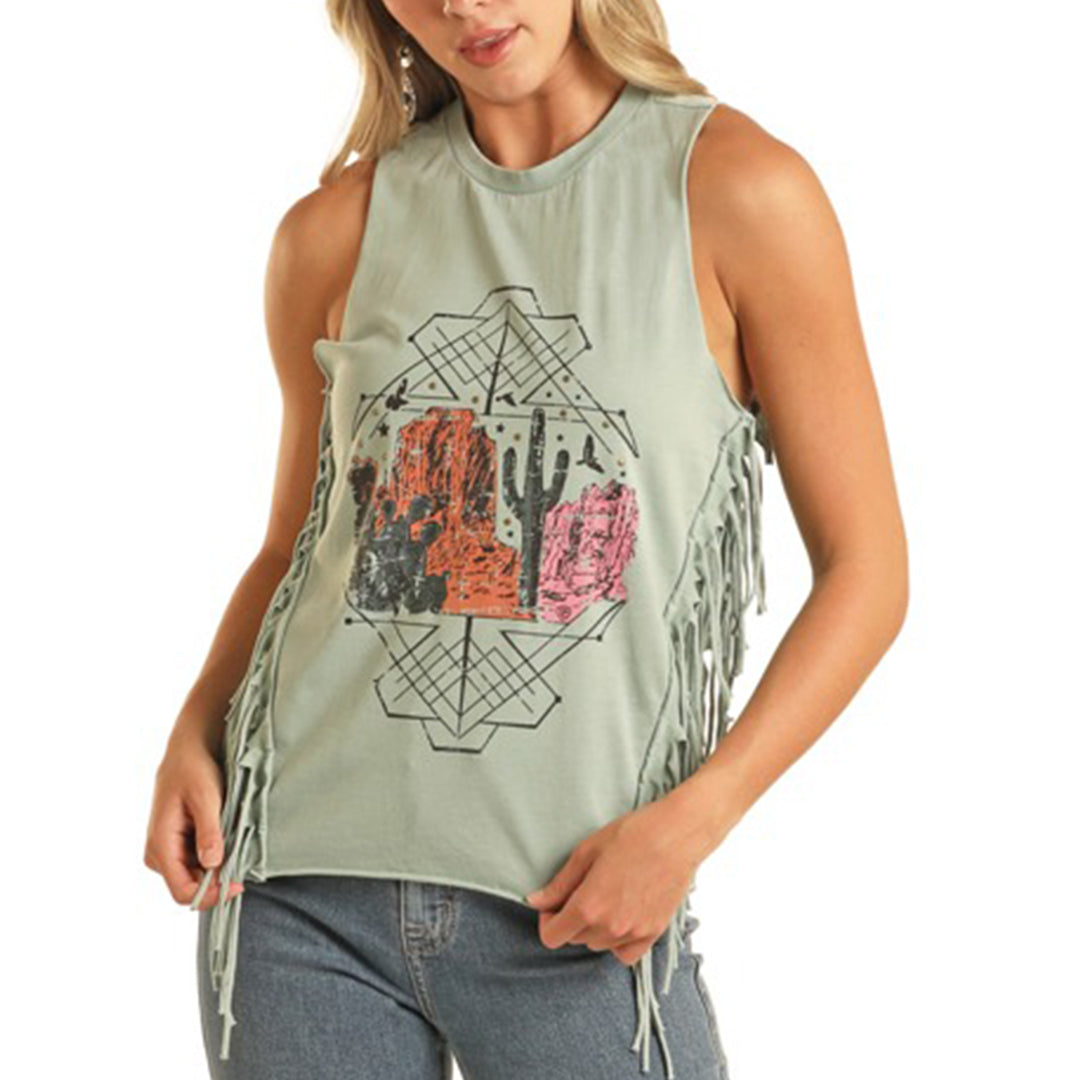 Rock & Roll Cowgirl Women's Desert Graphic Fringe Tank