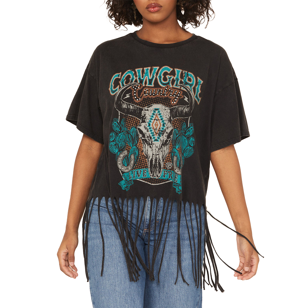 Rock & Roll Denim Women's Steer Print Fringe T-Shirt