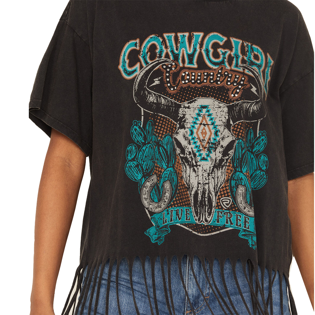 Rock & Roll Denim Women's Steer Print Fringe T-Shirt