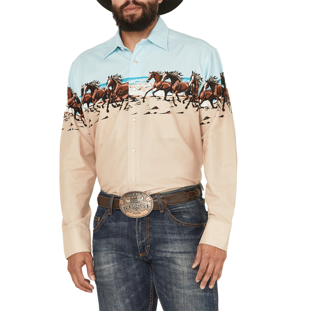 Panhandle Men's Horse Print Border Long Sleeve Snap Shirt