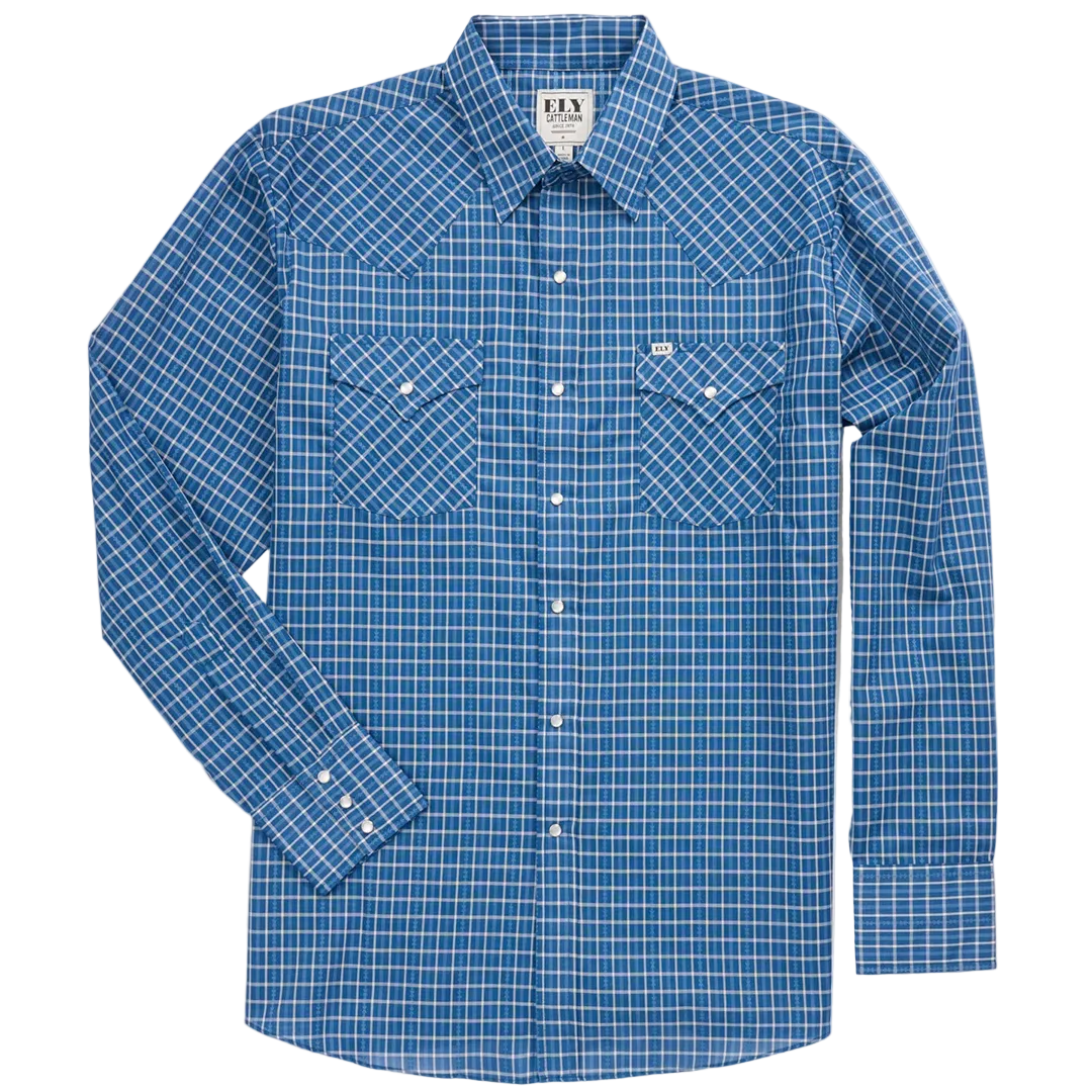 Ely Cattleman Men's Barbed Wire Dobby Plaid Western Long Sleeve Snap Shirt