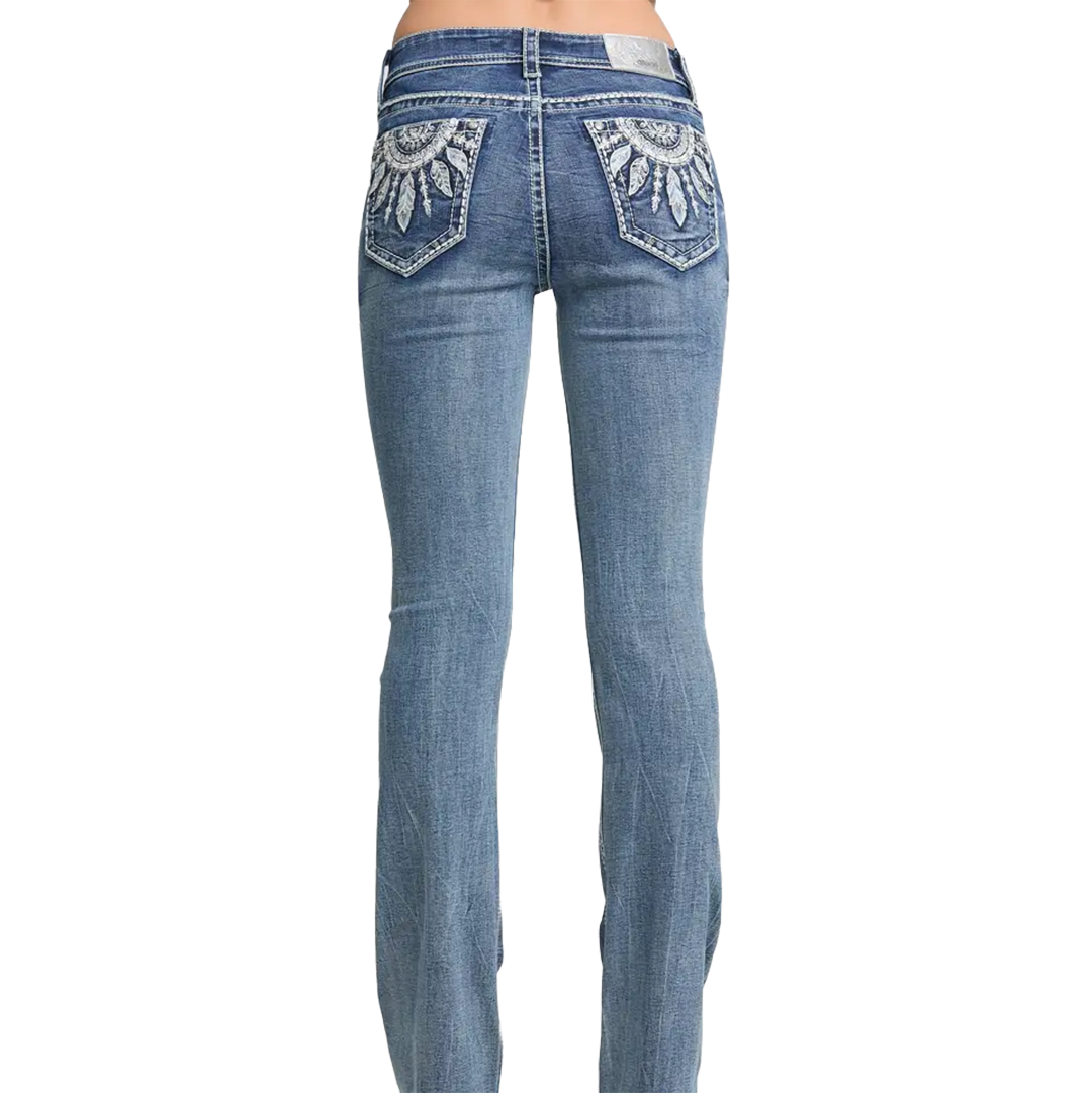 Grace in LA Women's Dream Catcher Embroidery Mid Rise Bootcut Jeans