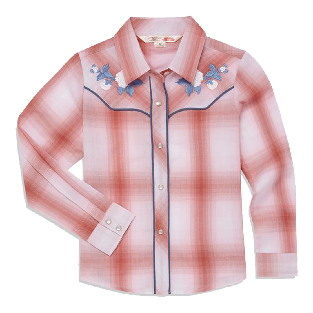 Cumberland Outfitters Girl's Rose Embroidered Long Sleeve Pink Plaid Shirt