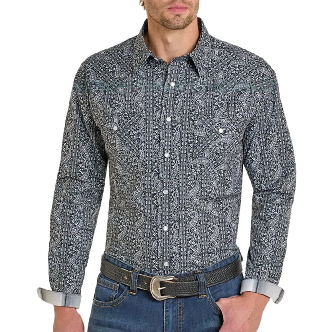 Rough Stock Men's Paisley Print Long Sleeve Snap Shirt