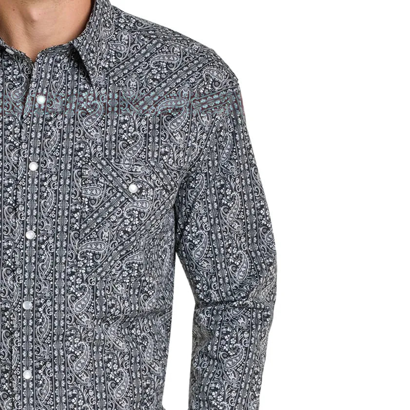 Rough Stock Men's Paisley Print Long Sleeve Snap Shirt