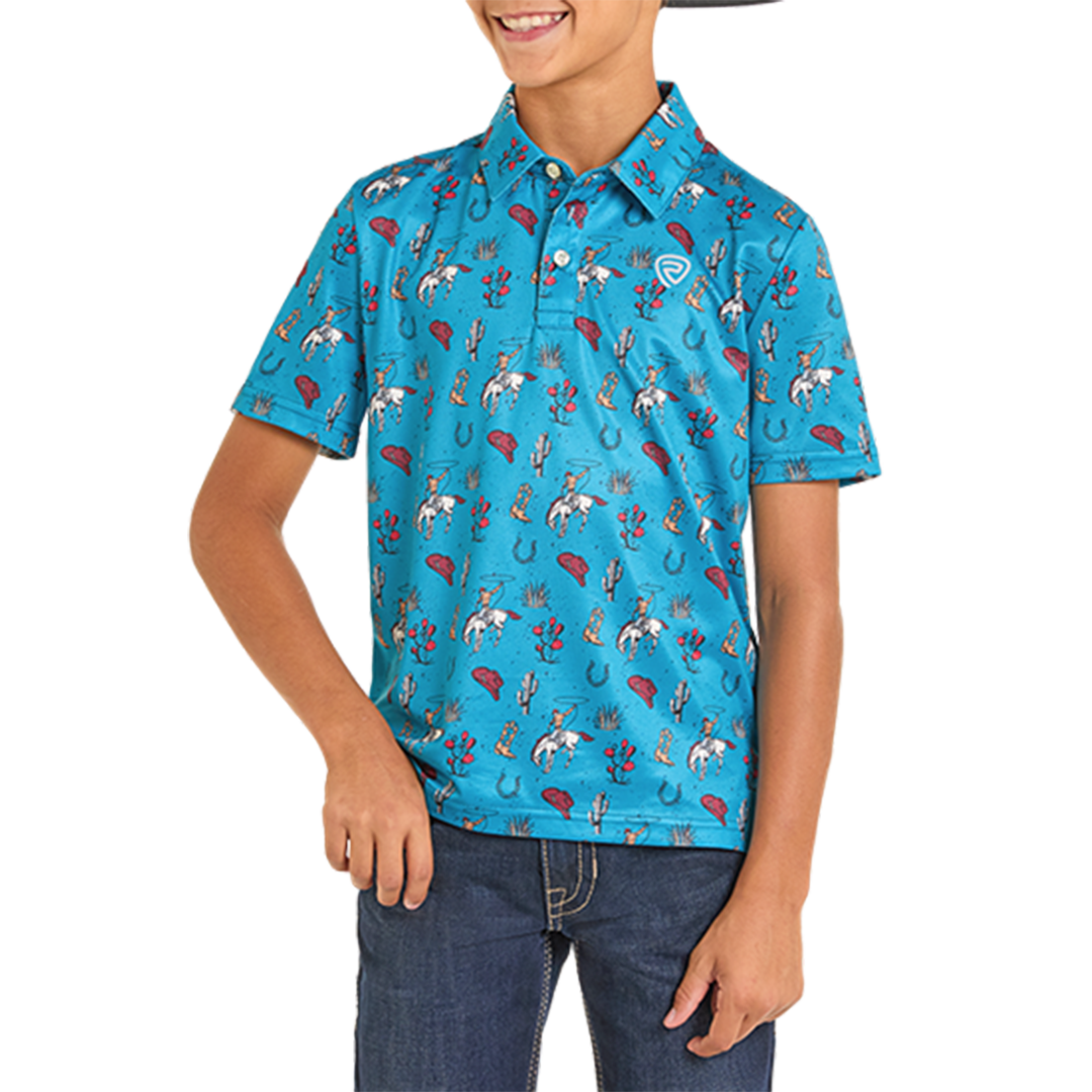 Rock & Roll Denim Boys' Cactus And Cowboy Print Short Sleeve Polo