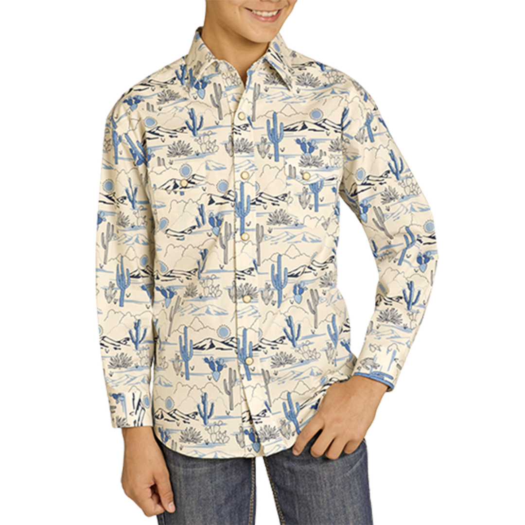 Rock & Roll Denim Boys' Cactus Print Long Sleeve Snap Shirt