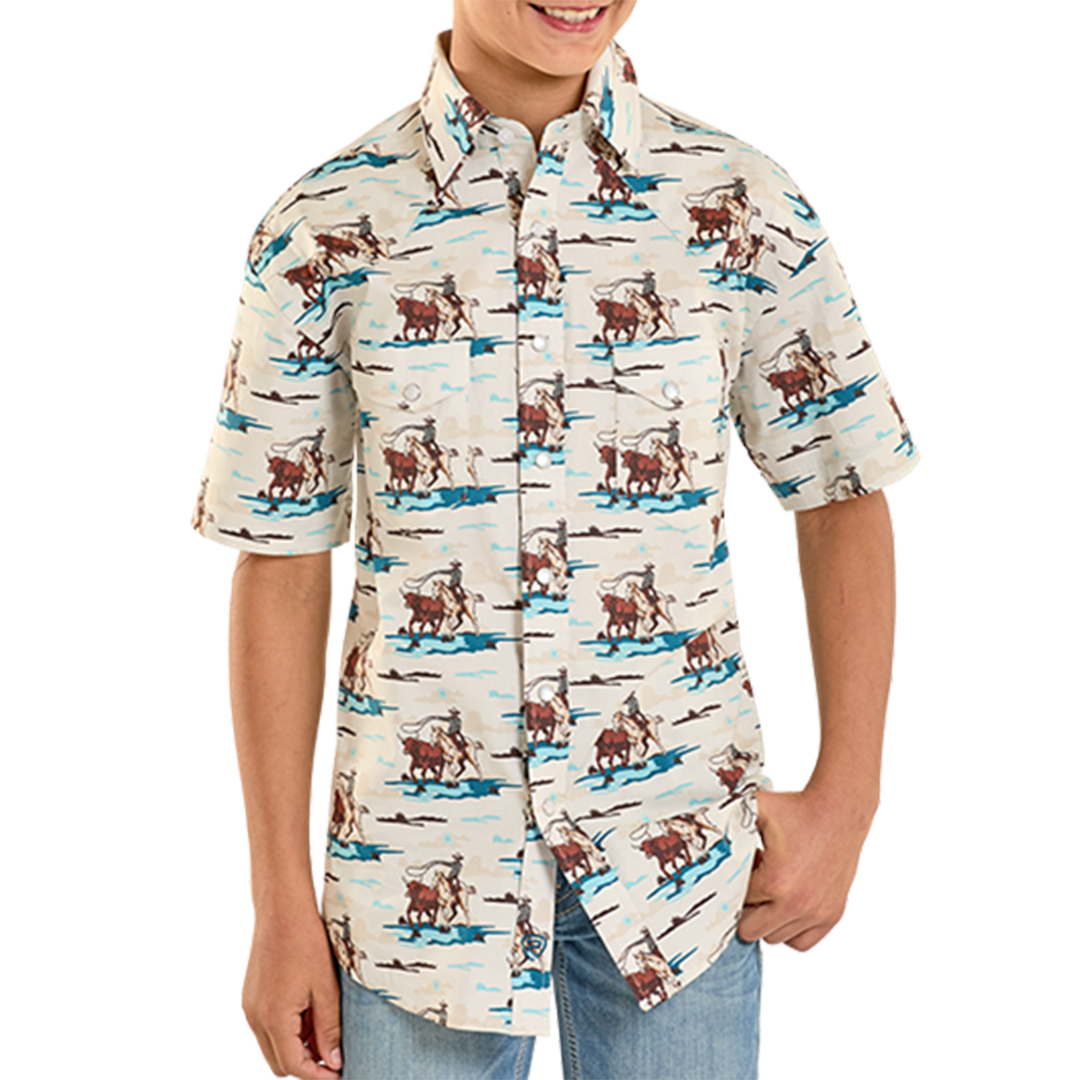 Chemise à boutons-pression manches longues Rock & Roll Denim pour garçons, motif aztèque