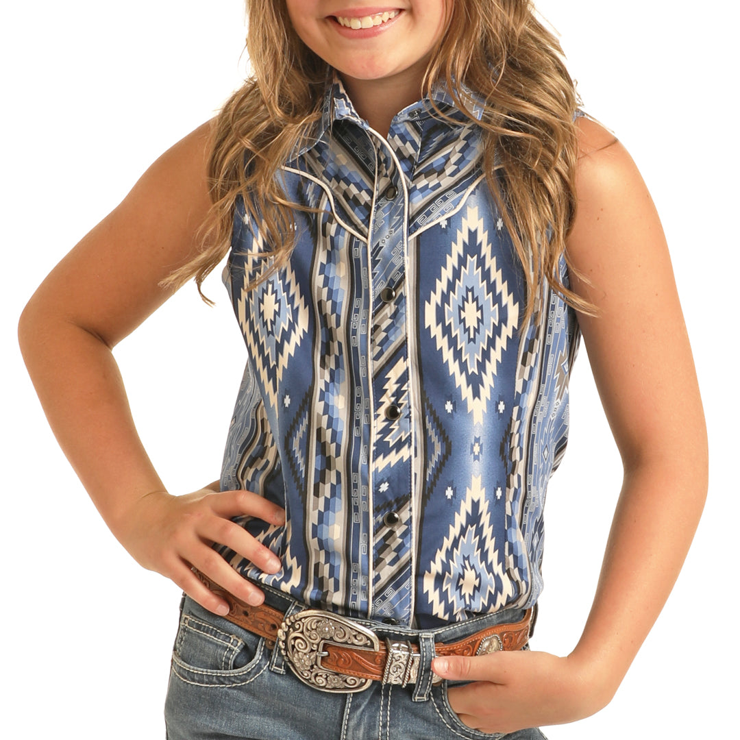 Rock Roll Cowgirl Girls Aztec Print Sleeveless Snap Shirt Navy White