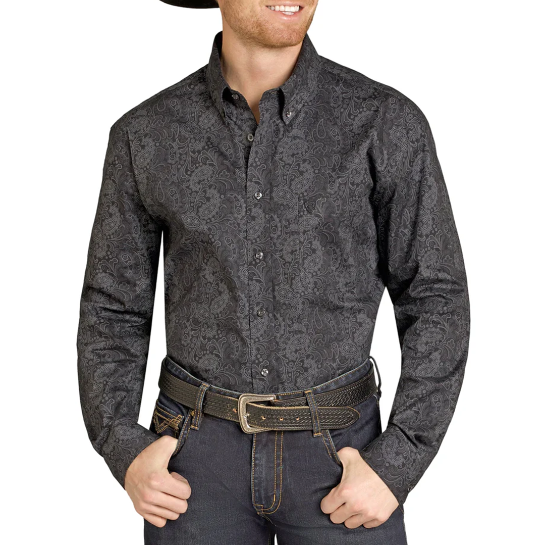 Chemise boutonnée à manches longues pour homme en jean imprimé cachemire Rock & Roll