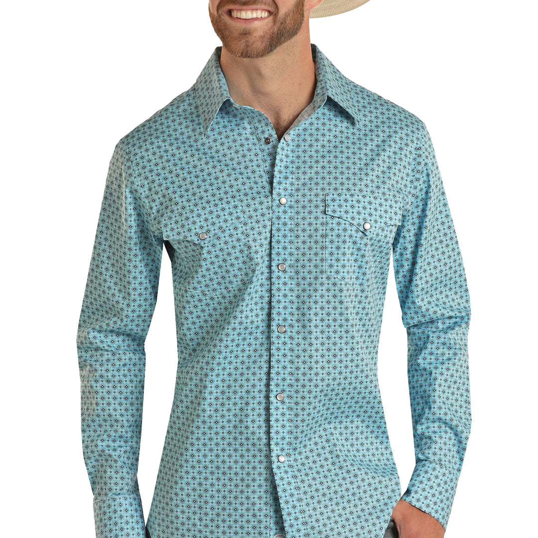 Rock & Roll Cowboy Men's Geo Print Snap Shirt In Blue