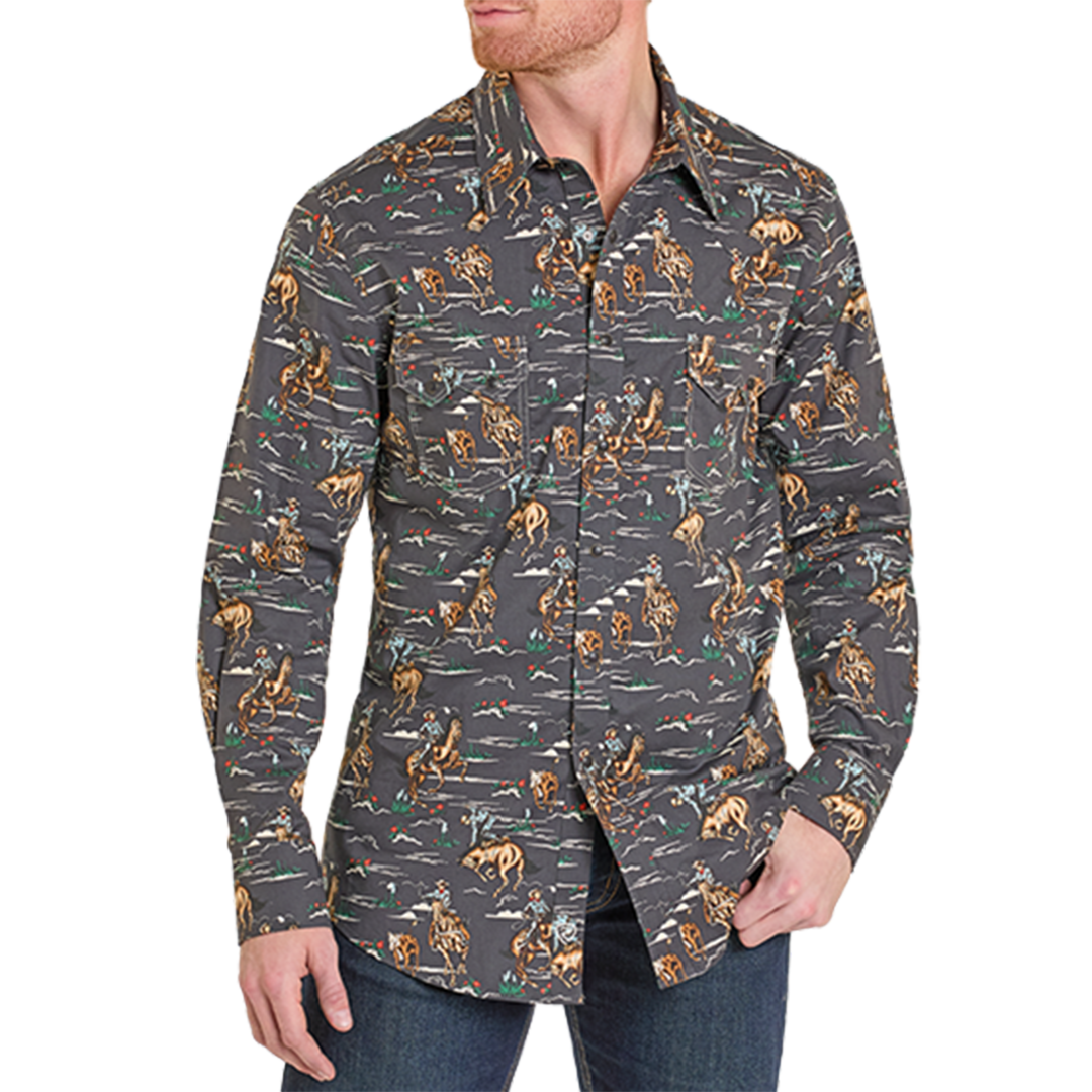 Rock & Roll Denim Men's Novelty Print Long Sleeve Snap Shirt
